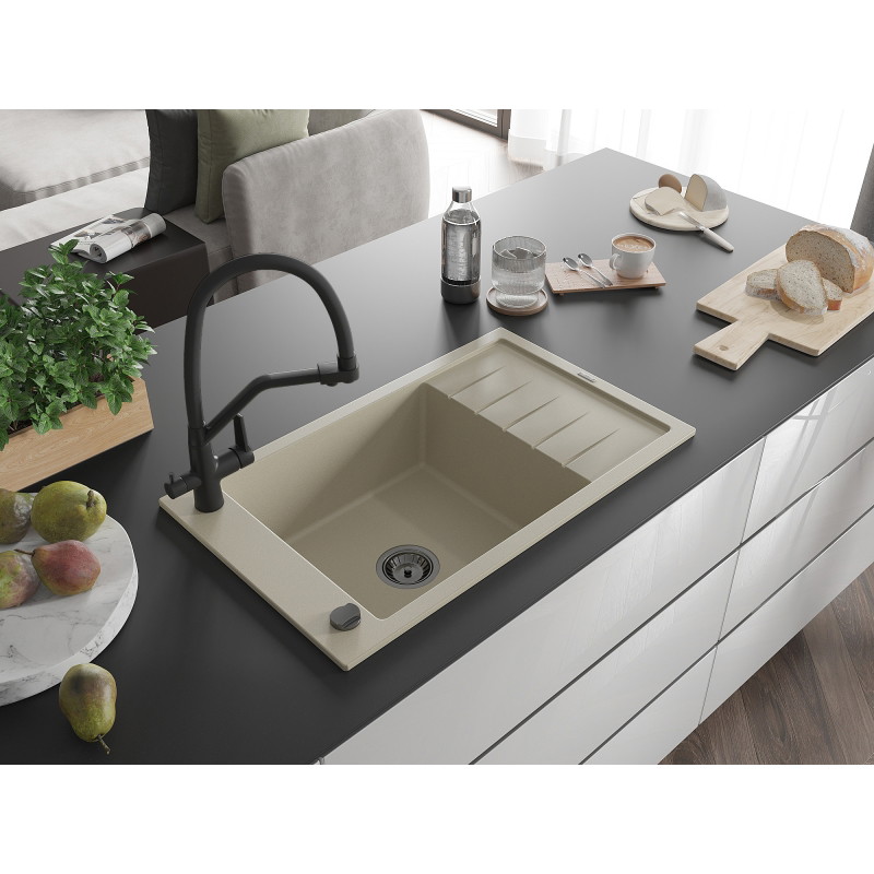 Mexen Elias Single-bowl granite sink with drainer and Duo kitchen faucet, beige - 6511-69-671701-70-B