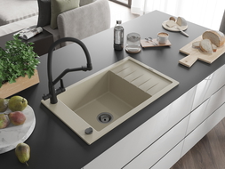 Mexen Elias 1-compartment granite sink with a drip tray and kitchen mixer tap Duo, Beige - 6511-69-671701-70-B