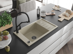 Mexen Elias single-bowl granite kitchen sink with drainer and Duo kitchen faucet, beige - 6511-69-671701-70-B