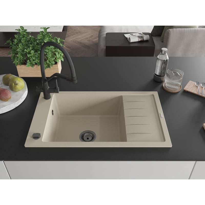 Mexen Elias single-bowl granite kitchen sink with drainer and Duo kitchen faucet, beige - 6511-69-671701-70-B