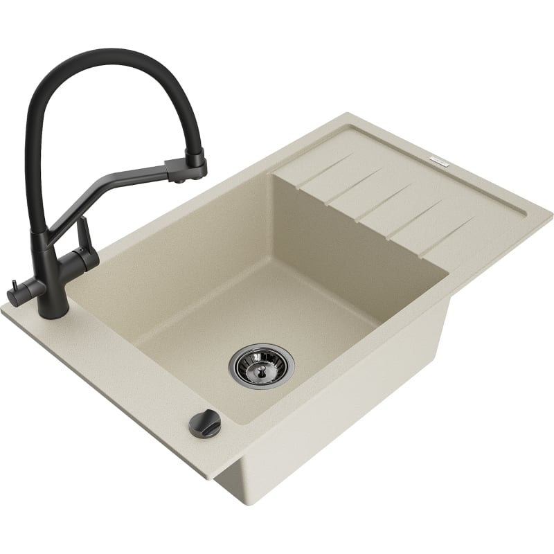 Mexen Elias single-bowl granite kitchen sink with drainer and Duo kitchen faucet, beige - 6511-69-671701-70-B