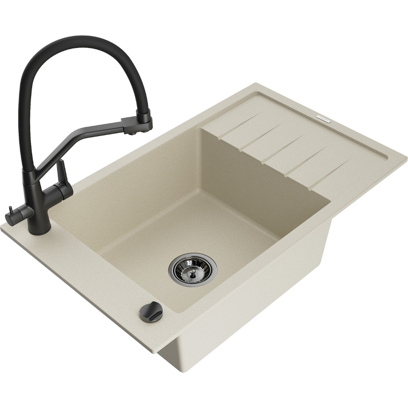 Mexen Elias Single-bowl granite sink with drainer and Duo kitchen faucet, beige - 6511-69-671701-70-B