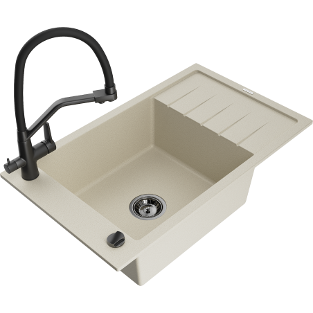 Mexen Elias single-bowl granite kitchen sink with drainer and Duo kitchen faucet, beige - 6511-69-671701-70-B