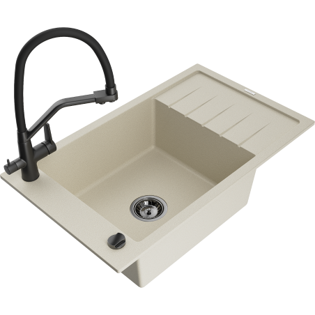 Mexen Elias Single-bowl granite sink with drainer and Duo kitchen faucet, beige - 6511-69-671701-70-B