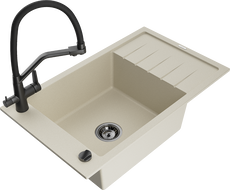 Mexen Elias single-bowl granite kitchen sink with drainer and Duo kitchen faucet, beige - 6511-69-671701-70-B