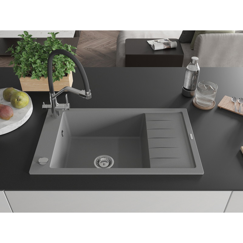 Mexen Elias granite kitchen sink 1-bowl with drainer and kitchen faucet Duo, gray - 6511-71-671701-07