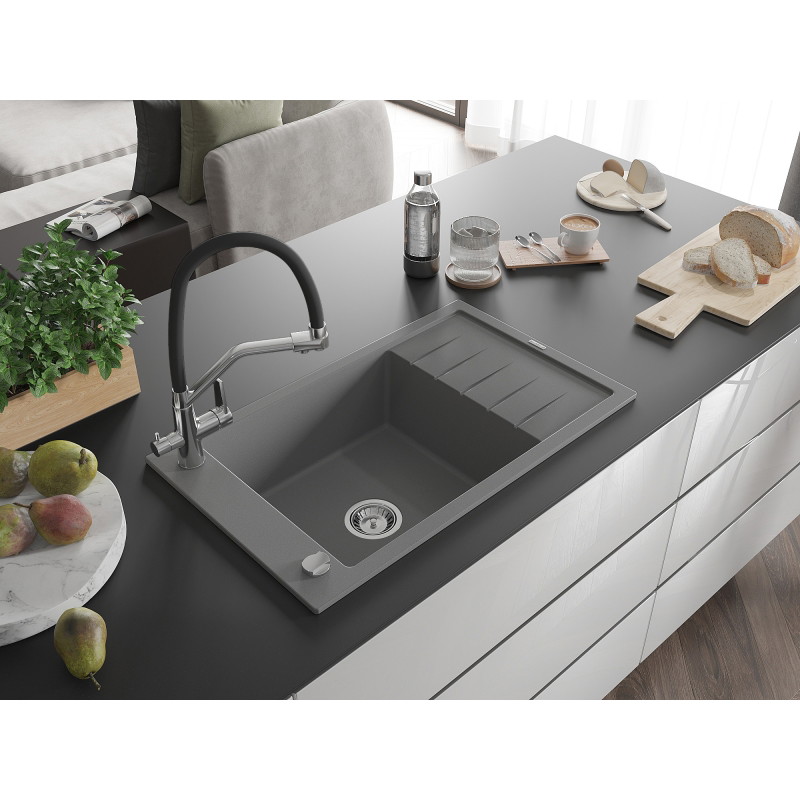 Mexen Elias granite sink with one basin, drainer, and Duo kitchen faucet, gray - 6511-71-671701-07