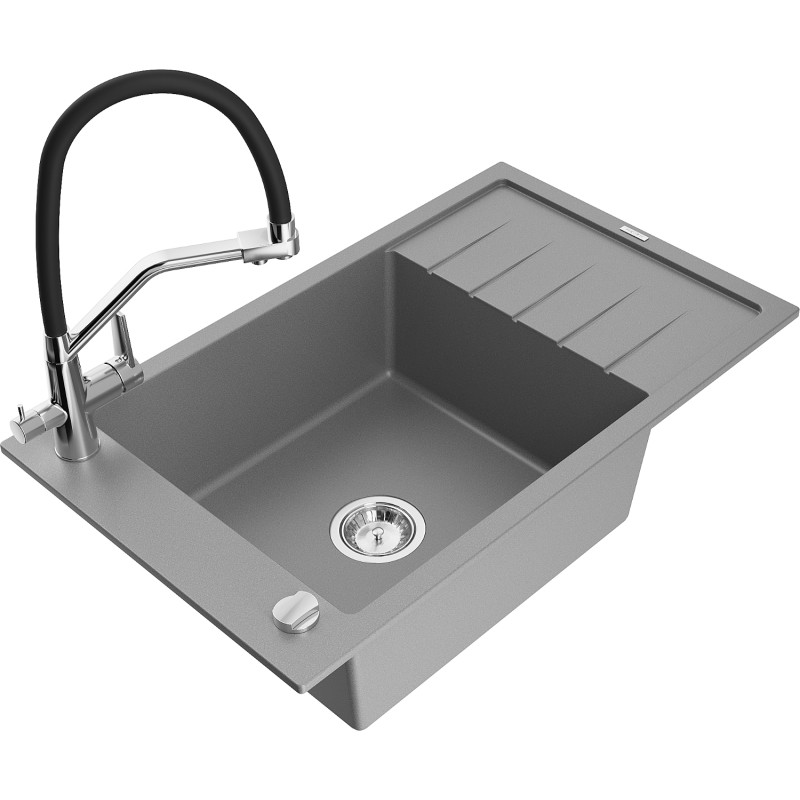 Mexen Elias granite kitchen sink 1-bowl with drainer and kitchen faucet Duo, gray - 6511-71-671701-07