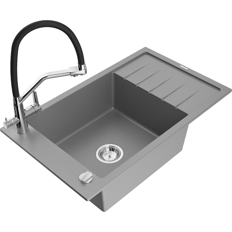 Mexen Elias granite sink 1-bowl with drainer and Duo kitchen tap, grey - 6511-71-671701-07