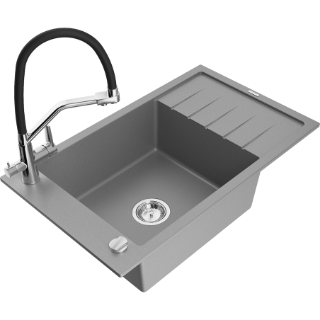 Mexen Elias granite kitchen sink 1-bowl with drainer and kitchen faucet Duo, gray - 6511-71-671701-07