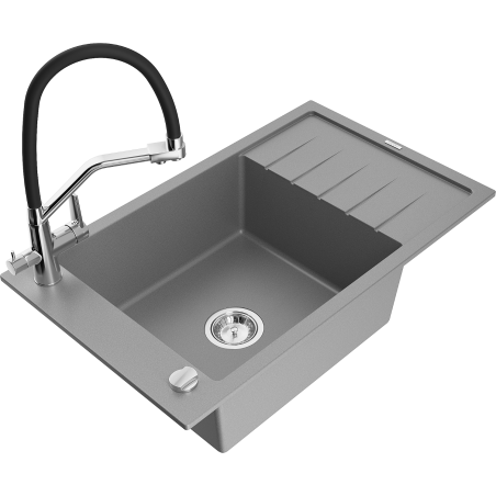 Mexen Elias granite sink with one basin, drainer, and Duo kitchen faucet, gray - 6511-71-671701-07
