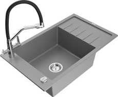 Mexen Elias 1-compartment granite sink with a drip tray and kitchen mixer tap Duo, grey - 6511-71-671701-07