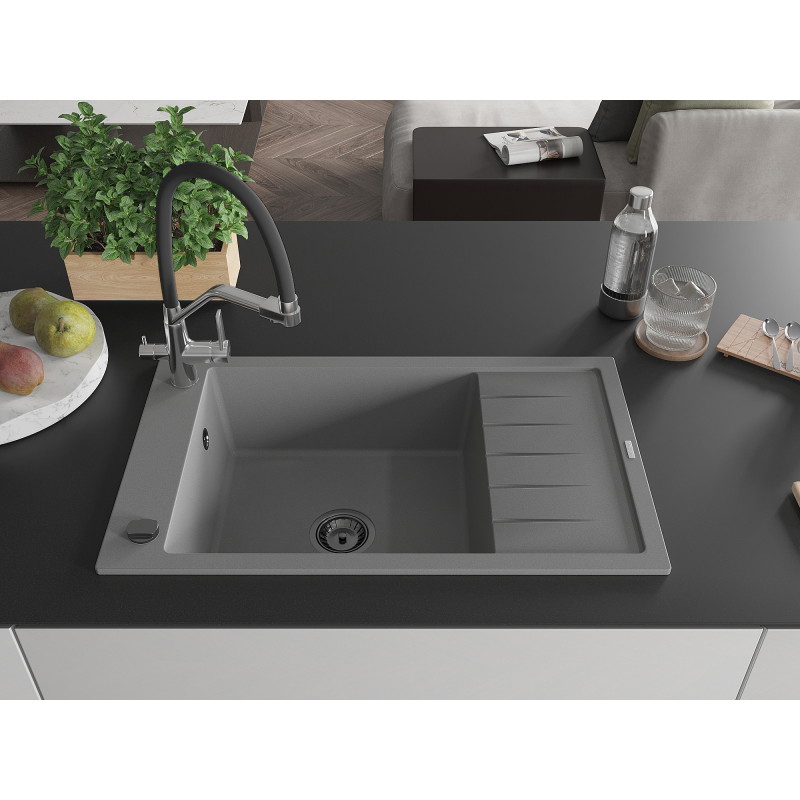 Mexen Elias 1-Bowl Granite Sink with Drainer and Duo Kitchen Faucet, Gray - 6511-71-671701-07-B