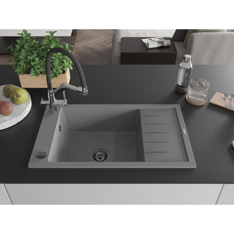 Mexen Elias 1-Bowl Granite Sink with Drainer and Kitchen Faucet Duo, Gray - 6511-71-671701-07-B