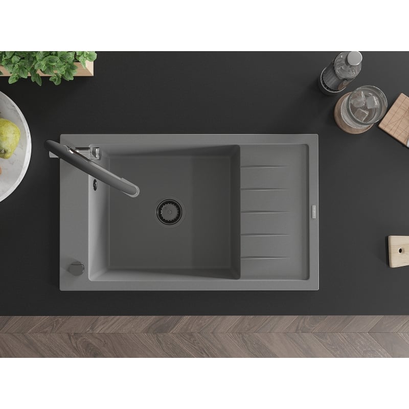 Mexen Elias 1-Bowl Granite Sink with Drainer and Kitchen Faucet Duo, Gray - 6511-71-671701-07-B