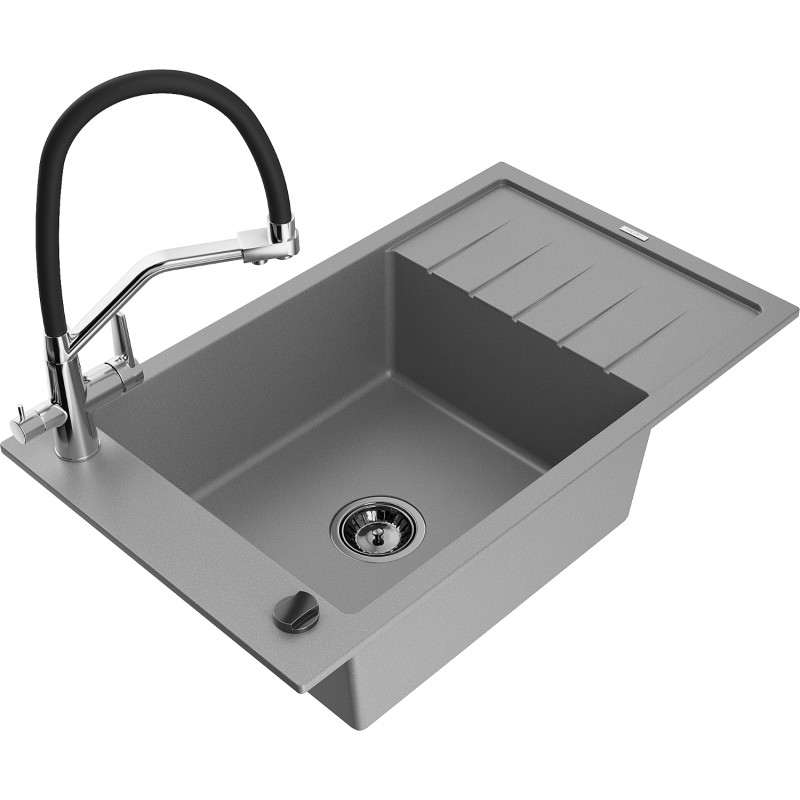 Mexen Elias 1-Bowl Granite Sink with Drainer and Duo Kitchen Faucet, Gray - 6511-71-671701-07-B