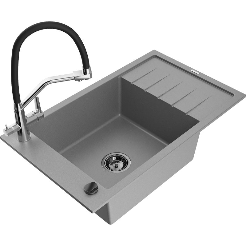 Mexen Elias 1-compartment granite sink with a drip tray and kitchen mixer tap Duo, grey - 6511-71-671701-07-B