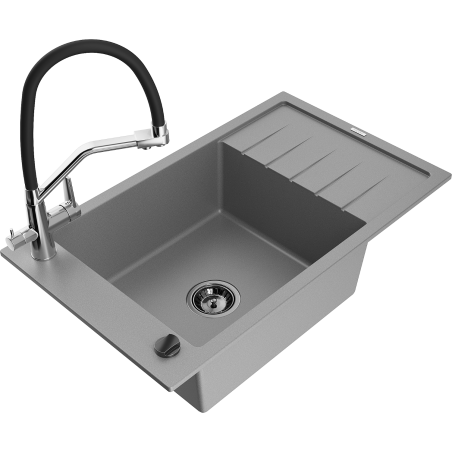 Mexen Elias 1-Bowl Granite Sink with Drainer and Kitchen Faucet Duo, Gray - 6511-71-671701-07-B