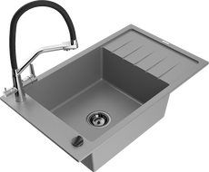 Mexen Elias 1-Bowl Granite Sink with Drainer and Kitchen Faucet Duo, Gray - 6511-71-671701-07-B