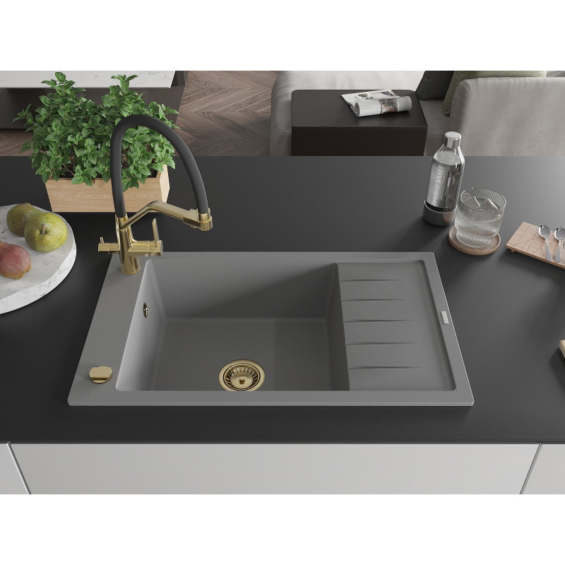 Mexen Elias granite kitchen sink 1-bowl with drainer and Duo tap, gray - 6511-71-671701-57-G