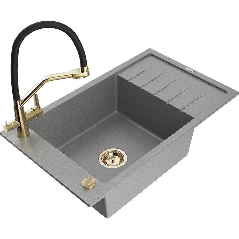 Mexen Elias 1-Bowl Granite Sink with Drainer and Duo Kitchen Faucet, Gray - 6511-71-671701-57-G