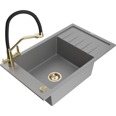 Mexen Elias 1-Bowl Granite Sink with Drainer and Duo Kitchen Faucet, Gray - 6511-71-671701-57-G