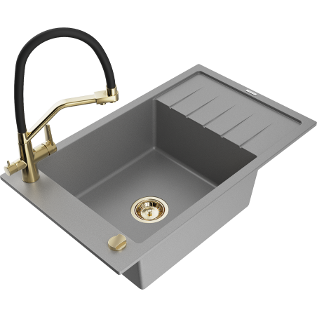 Mexen Elias granite kitchen sink 1-bowl with drainer and Duo tap, gray - 6511-71-671701-57-G