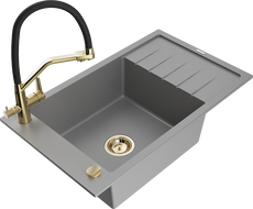 Mexen Elias 1-Bowl Granite Sink with Drainer and Duo Kitchen Faucet, Gray - 6511-71-671701-57-G