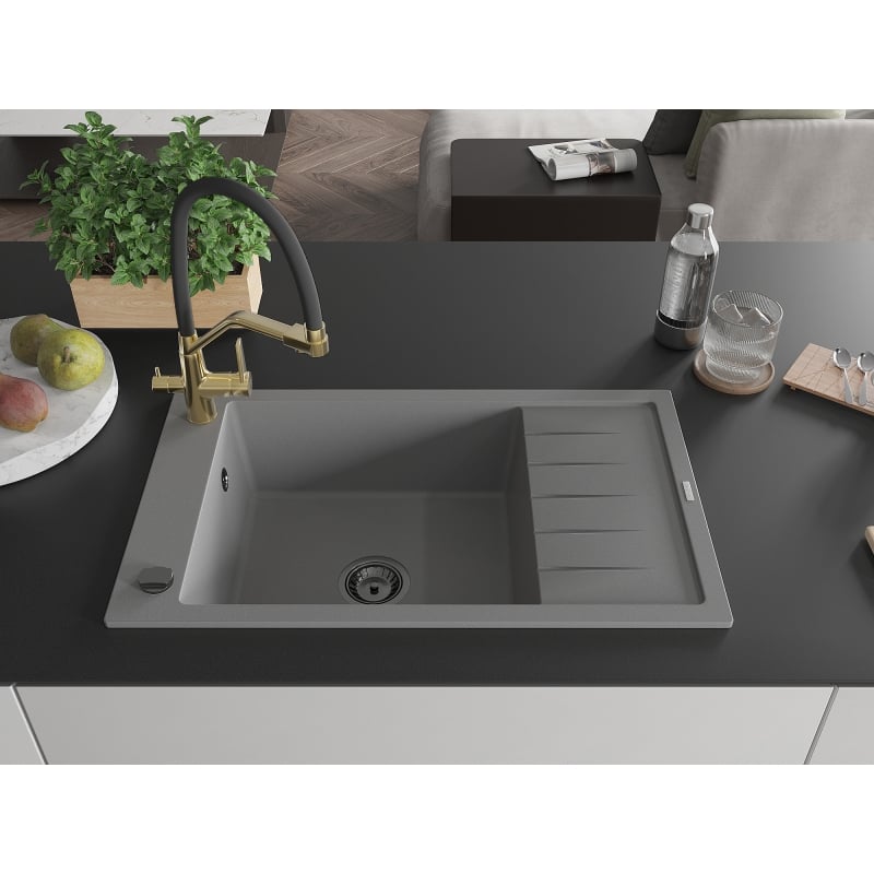 Mexen Elias granite kitchen sink 1-bowl with drainer and Duo kitchen faucet, gray - 6511-71-671701-57-B