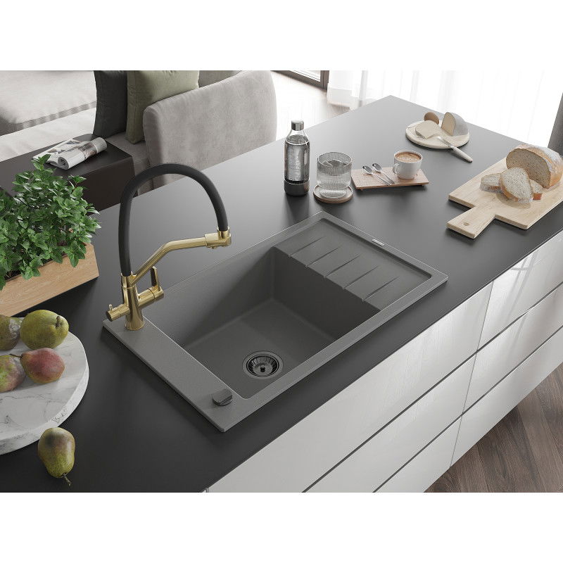 Mexen Elias granite sink with 1 basin, drainer and Duo kitchen tap, grey - 6511-71-671701-57-B