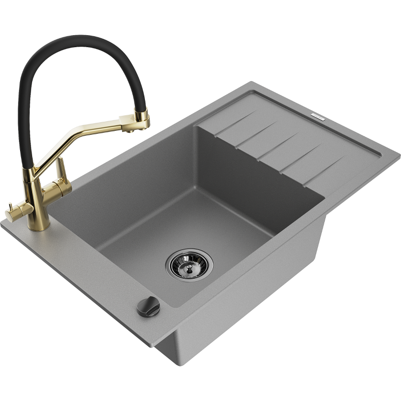Mexen Elias 1-compartment granite sink with a drip tray and kitchen mixer tap Duo, grey - 6511-71-671701-57-B