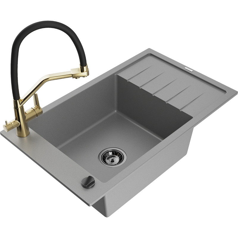 Mexen Elias granite kitchen sink 1-bowl with drainer and Duo kitchen faucet, gray - 6511-71-671701-57-B