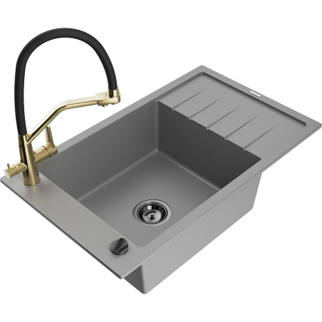 Mexen Elias granite kitchen sink 1-bowl with drainer and Duo kitchen faucet, gray - 6511-71-671701-57-B