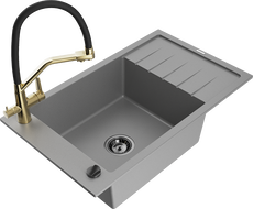 Mexen Elias granite kitchen sink 1-bowl with drainer and Duo kitchen faucet, gray - 6511-71-671701-57-B