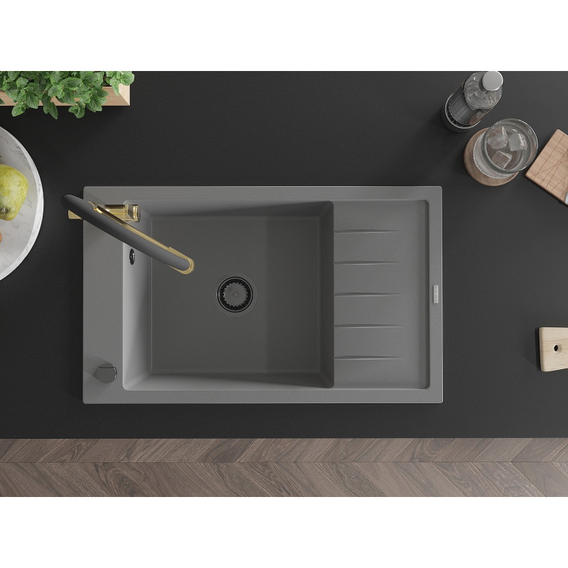 Mexen Elias granite sink 1-bowl with drainer and Duo kitchen faucet, gray - 6511-71-671701-57-B