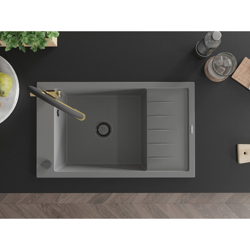 Mexen Elias granite sink with 1 basin, drainer and Duo kitchen tap, grey - 6511-71-671701-57-B