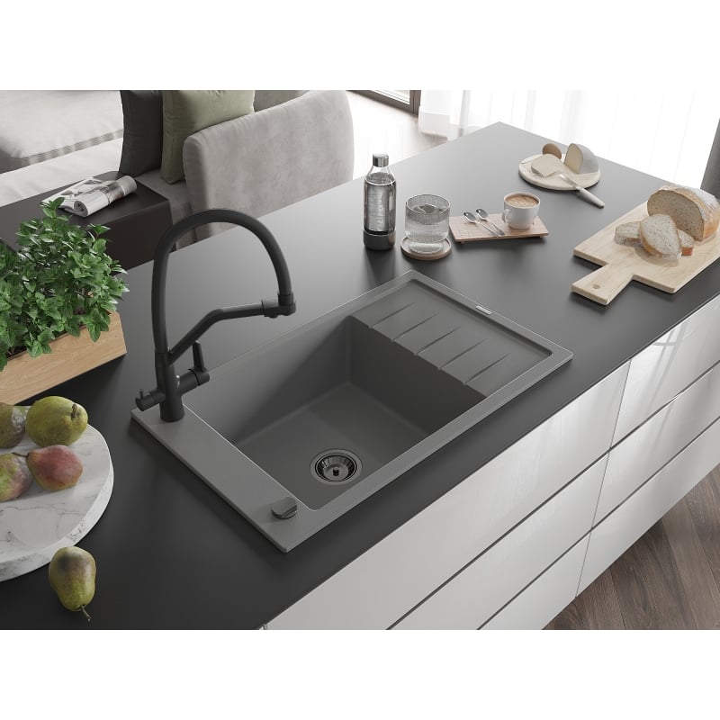 Mexen Elias 1-bowl granite kitchen sink with drainer and Duo faucet, gray - 6511-71-671701-70-B