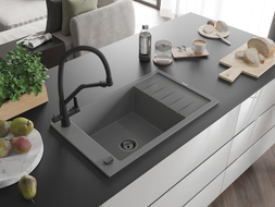 Mexen Elias 1-bowl granite kitchen sink with drainer and Duo faucet, gray - 6511-71-671701-70-B