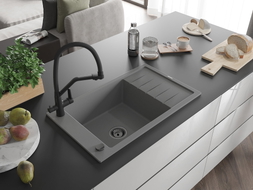 Mexen Elias 1-bowl granite sink with drainer and Duo kitchen faucet, gray - 6511-71-671701-70-B