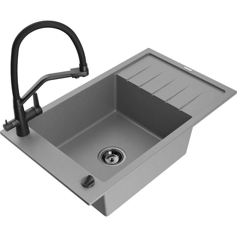 Mexen Elias 1-bowl granite kitchen sink with drainer and Duo faucet, gray - 6511-71-671701-70-B