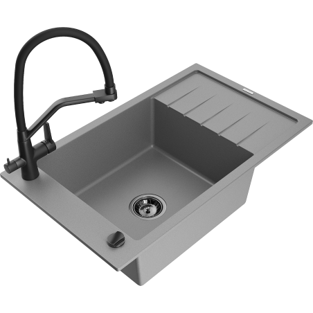 Mexen Elias 1-bowl granite kitchen sink with drainer and Duo faucet, gray - 6511-71-671701-70-B