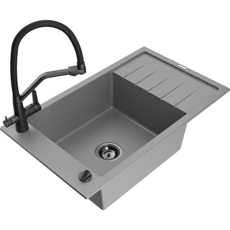 Mexen Elias 1-bowl granite sink with drainer and Duo kitchen tap, grey - 6511-71-671701-70-B