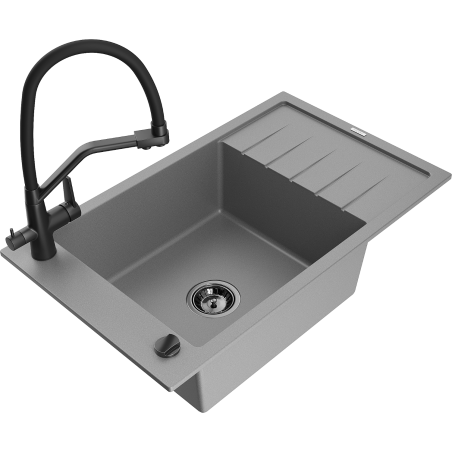 Mexen Elias 1-compartment granite sink with a drip tray and kitchen mixer tap Duo, grey - 6511-71-671701-70-B