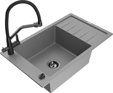 Mexen Elias 1-bowl granite kitchen sink with drainer and Duo faucet, gray - 6511-71-671701-70-B