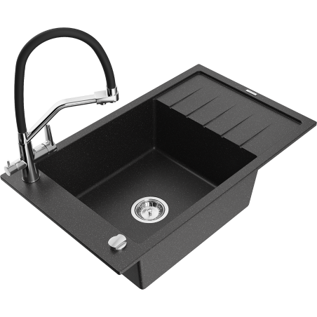 Mexen Elias granite kitchen sink single-bowl with drainer and Duo kitchen faucet, black/silver metallic - 6511-73-671701-07