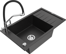 Mexen Elias granite kitchen sink single-bowl with drainer and Duo kitchen faucet, black/silver metallic - 6511-73-671701-07