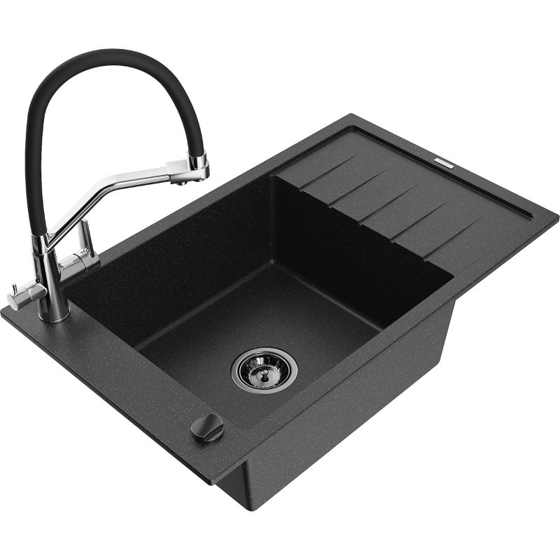 Mexen Elias 1-compartment granite sink with a drip tray and kitchen mixer tap Duo, Black/ silver metallic - 6511-73-671701-07-B