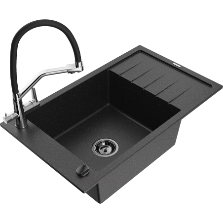 Mexen Elias granite sink 1-bowl with drainer and Duo kitchen tap, black/silver metallic - 6511-73-671701-07-B