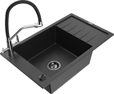 Mexen Elias granite kitchen sink 1-bowl with drainer and Duo kitchen faucet, black/silver metallic - 6511-73-671701-07-B