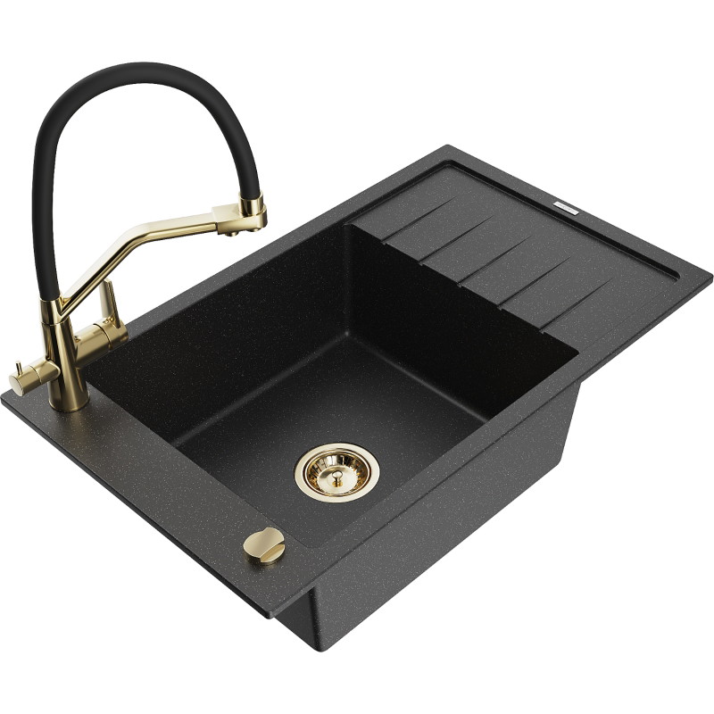 Mexen Elias granite kitchen sink 1-bowl with drainer and Duo kitchen faucet, black/silver metallic - 6511-73-671701-57-G
